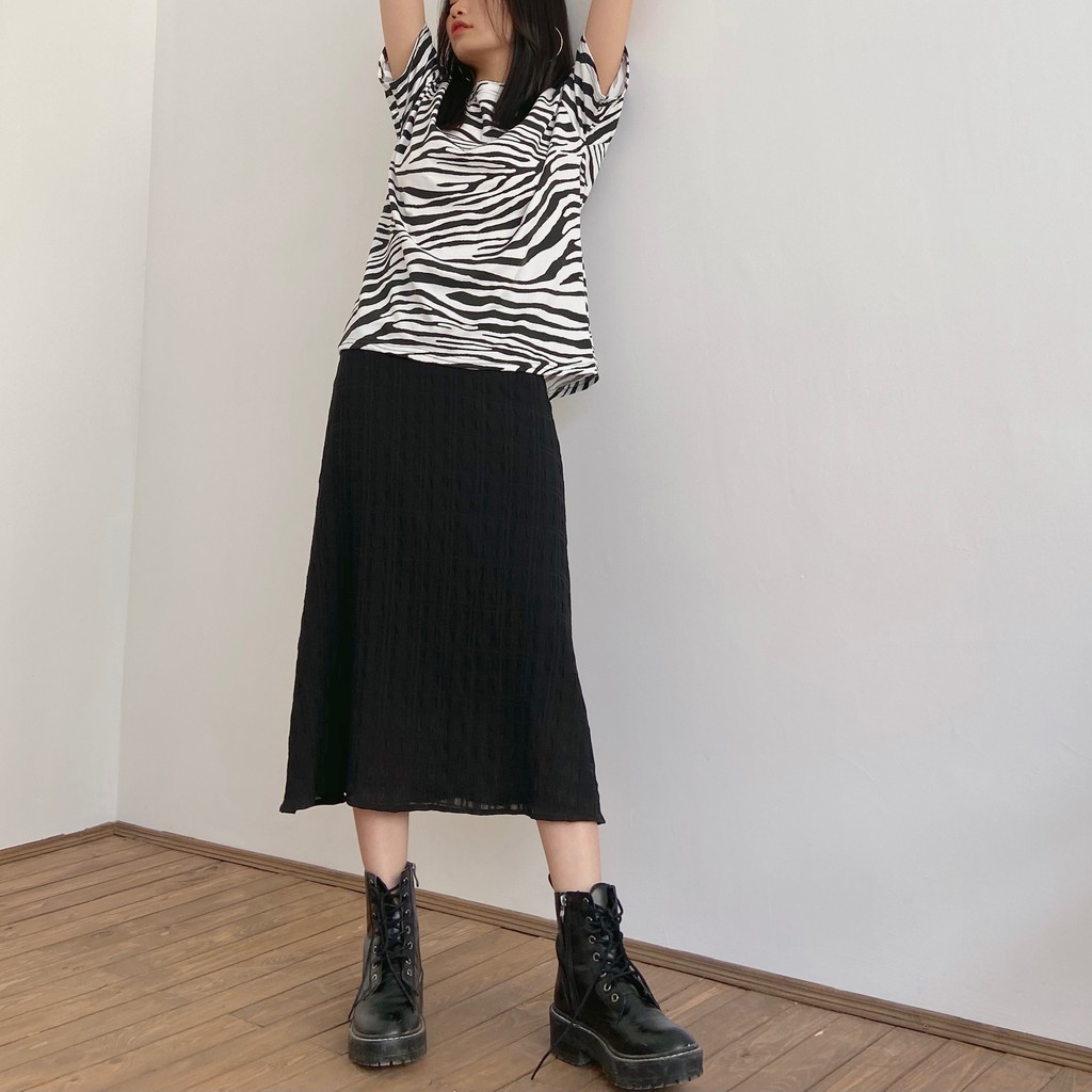 Chân váy midi kiểu Hàn Quốc, chất liệu chiffon 2 lớp màu đen trắng, Mia RItta V992