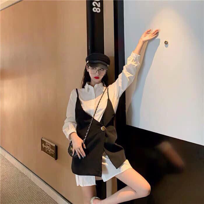 Sét 2 món áo gile cúc 2 dây mix sơ mi thụng siêu cá tính