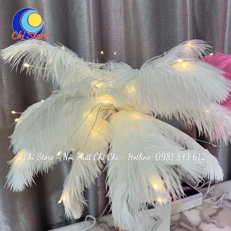 Đèn Ngủ Để Bàn Lông Vũ Chân Nhựa Mạ Đồng Bóng Led Toả, Hẹn Giờ Sáng Và Điều Chỉnh Độ Sáng