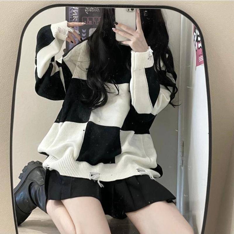 Áo Sweater Dệt Kim Dáng Rộng Viền Rách Kẻ Sọc Đen Trắng Thời Trang Cho Học Sinh