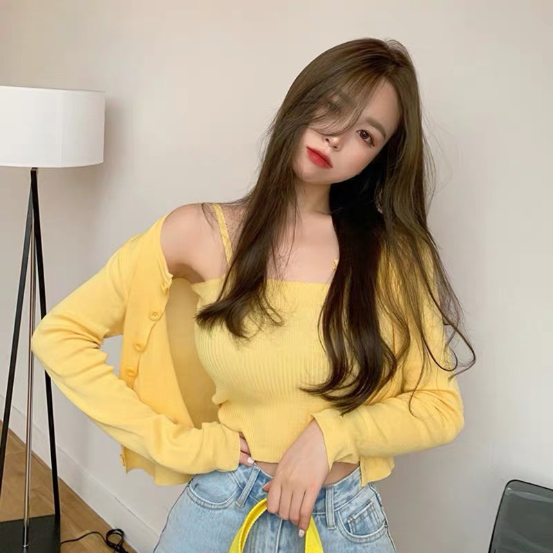 Set áo len 2 dây và cardigan len nữ croptop thời trang thu đông ulzzang hàn quốc K2D2