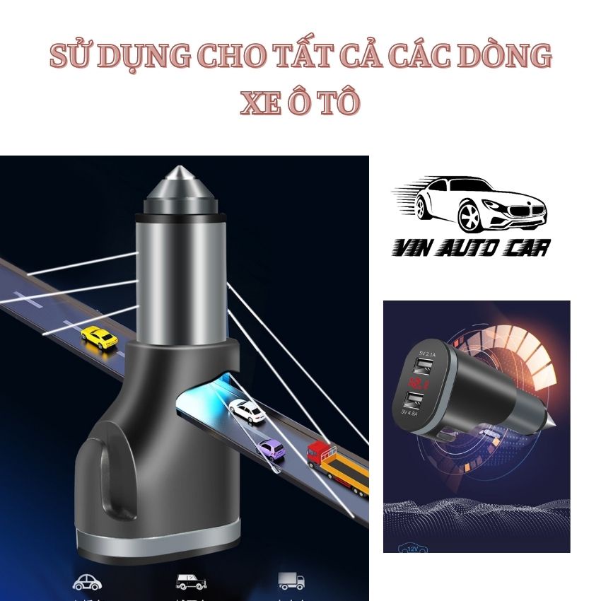 Tẩu sạc Nhanh Ô Tô 2 Cổng USB 5V/4.8A Sạc Điện Thoại Camera Hành trình Quạt Xe 12v và 24v T02