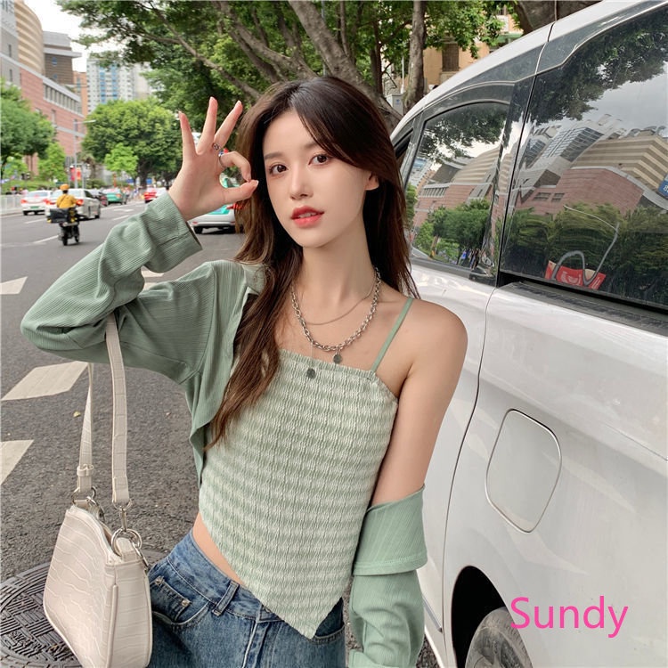 Bộ Áo Hai Dây Màu Trơn + Áo Tay Dài Lệch Tà Thời Trang Mùa Thu Quyến Rũ Cho Nữ