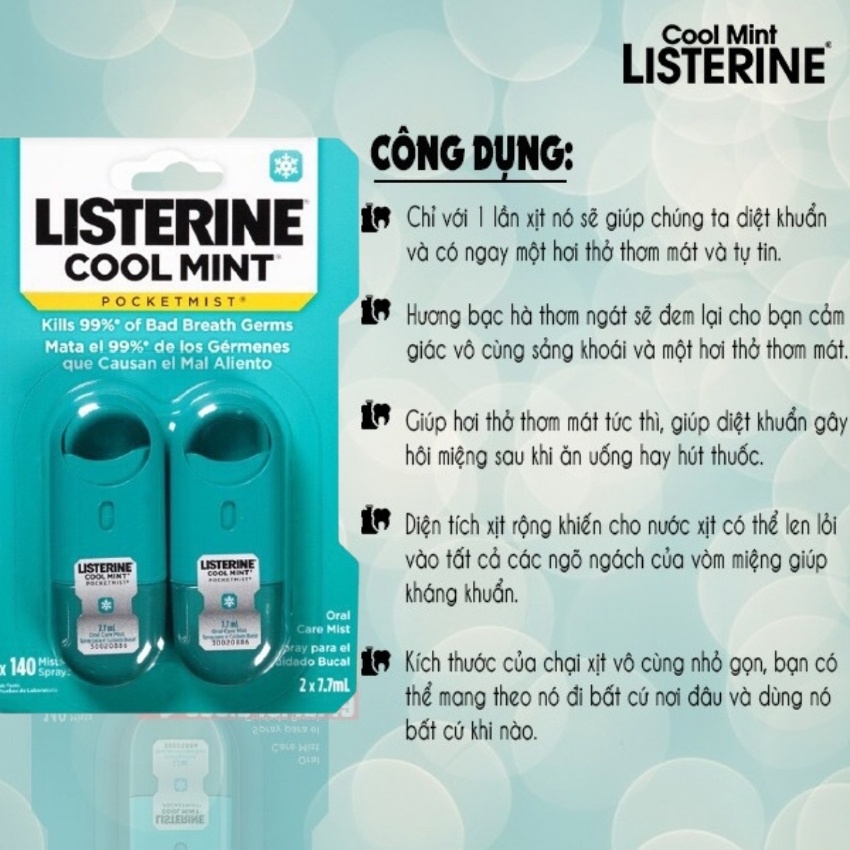 Xịt thơm miệng Listerine dạng chai xịt miệng nhỏ gọn của Mỹ Giúp tự tin giao tiếp vỉ 2 chai x 7,7ml FAMACOCO