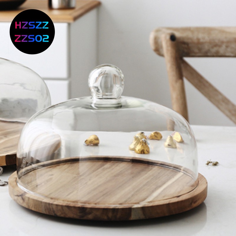 Khay xoay đựng bánh trái tráng miệng phong cách phương Tây với đế bằng gỗ tre và nắp thủy tinh trong suốt