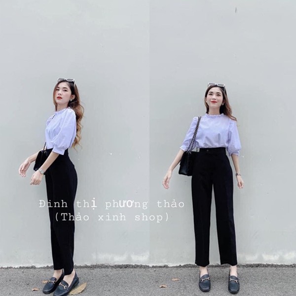 Quần baggy đi học sinh nữ cúc lệch form rộng - Cạp viền lưng cao màu Đen - Vải tuyết mưa - Dáng quần baggy công sở | BigBuy360 - bigbuy360.vn