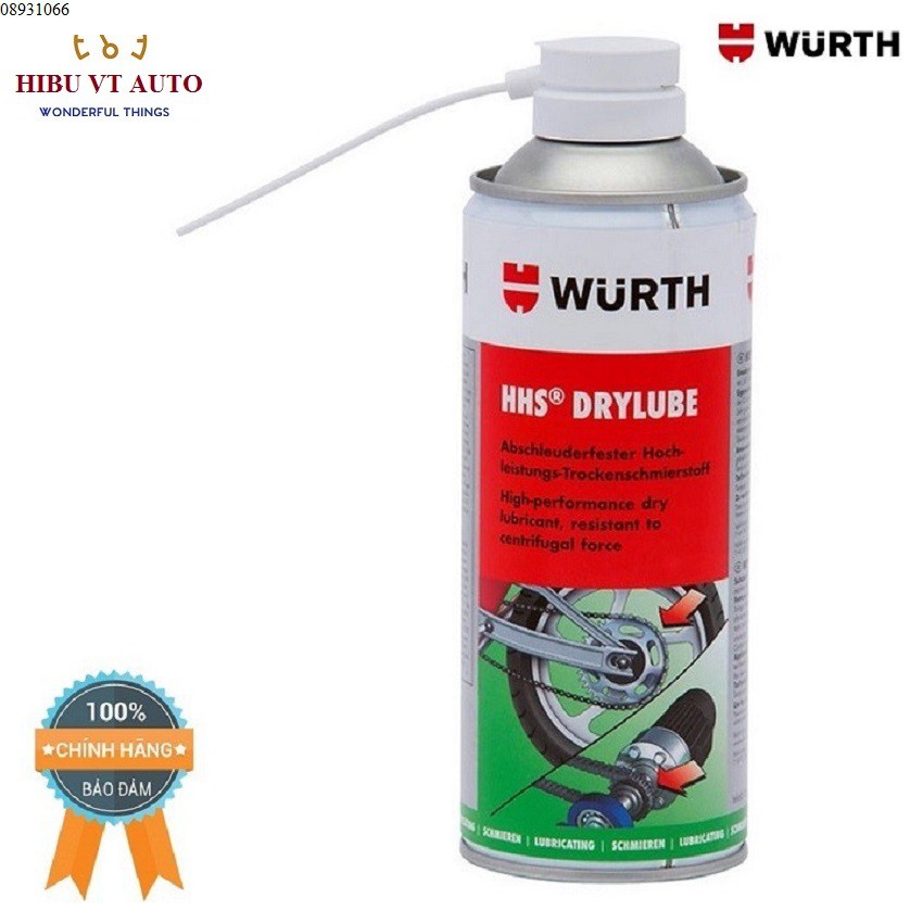Chai Mỡ Bò Khô Wurth Hhs Drylube (400ml) 08931066 Bôi trơn bảo vệ bề mặt kim loại chống mài mòn và chống rỉ sét