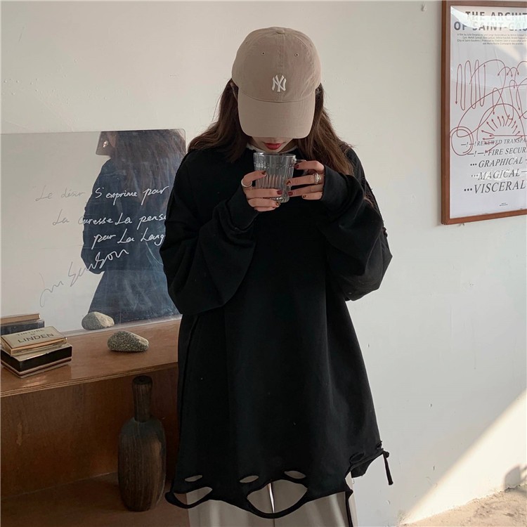 Áo sweater nữ form rộng dài rách vải nỉ quảng châu BST unisex ullzang 2021 Áo sweater nữ bigsize du lịch đi học hàn quốc | BigBuy360 - bigbuy360.vn