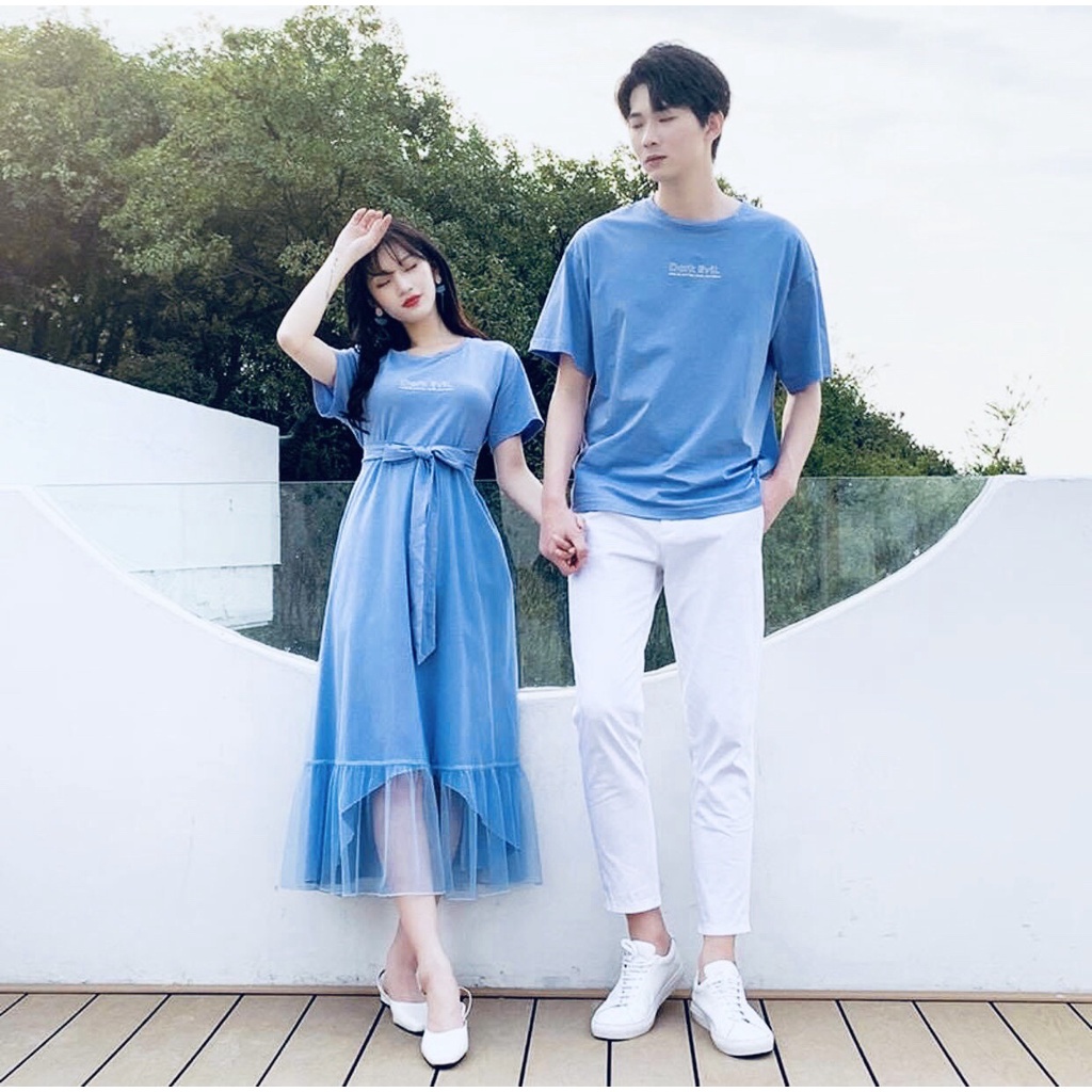❏⊕Set thun đôi nam nữ, áo và váy cặp màu xanh lam phối lưới, cổ tròn duyên dáng, trẻ trung