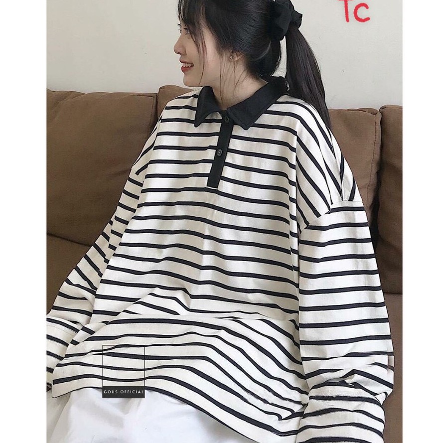 [Mã 11FASHIONSALE1 giảm 10K đơn 50K] Áo Thun Polo Sweater Kẻ Nữ Form Rộng UIlzzang | BigBuy360 - bigbuy360.vn