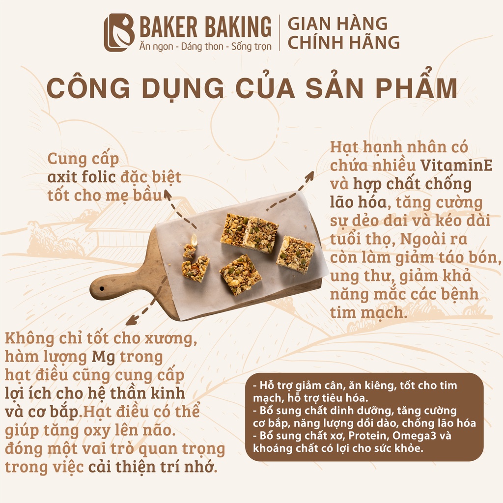 Bánh hạt dinh dưỡng Baker Baking, protein bar không đường, không chất bảo quản, tiện lợi hỗ trợ tập luyện, ăn kiêng 100g