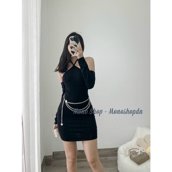 ĐẦM BODY ĐEN CỔ YẾM RỚT VAI TAY DÀI KTGIMI ( Kèm ảnh thật)