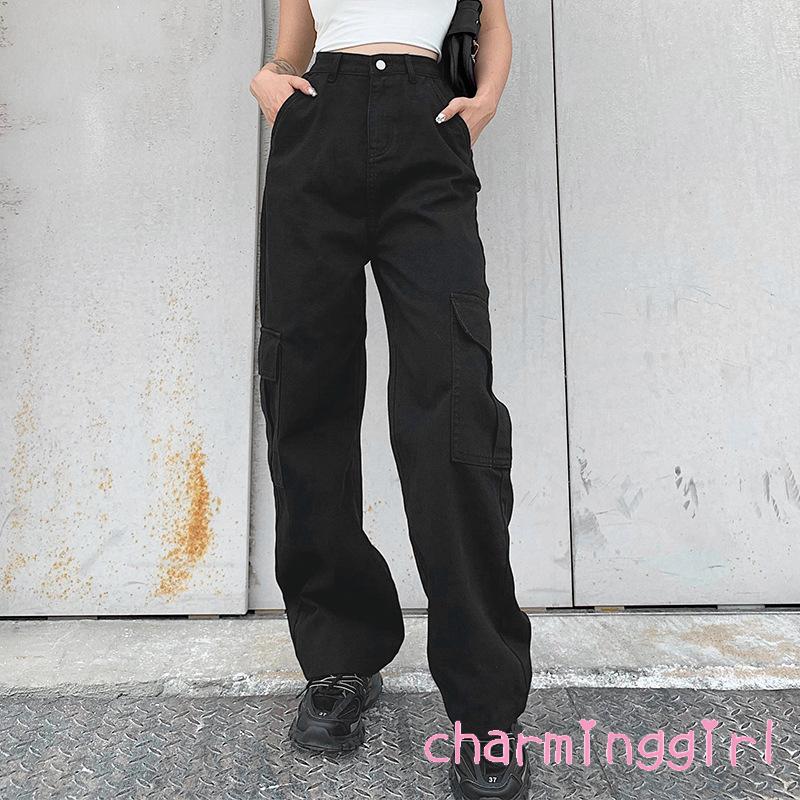 Quần jean ống rộng túi may lưng cao