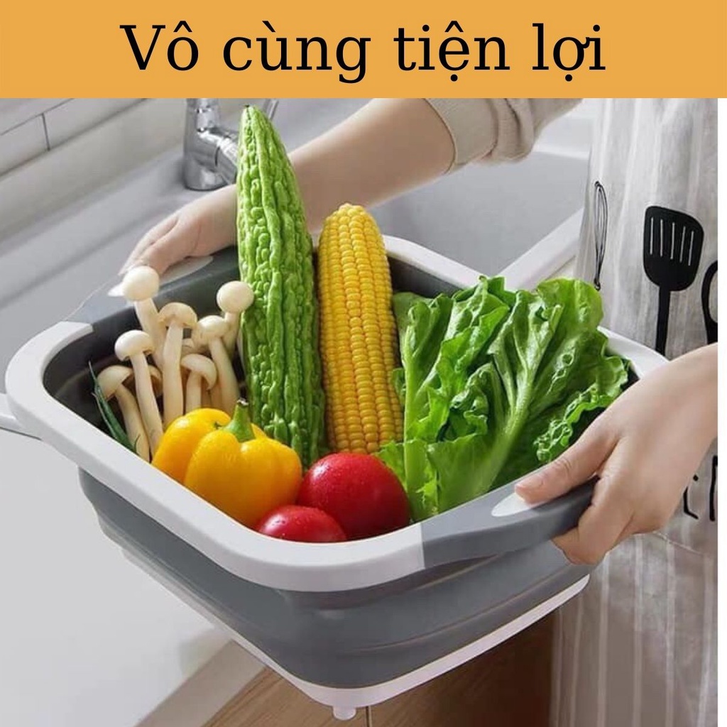 Thau Chậu Rửa Gấp Gọn Kiêm Thớt Thái Rổ Đựng Đa Năng Tiết Kiệm Diện Tích