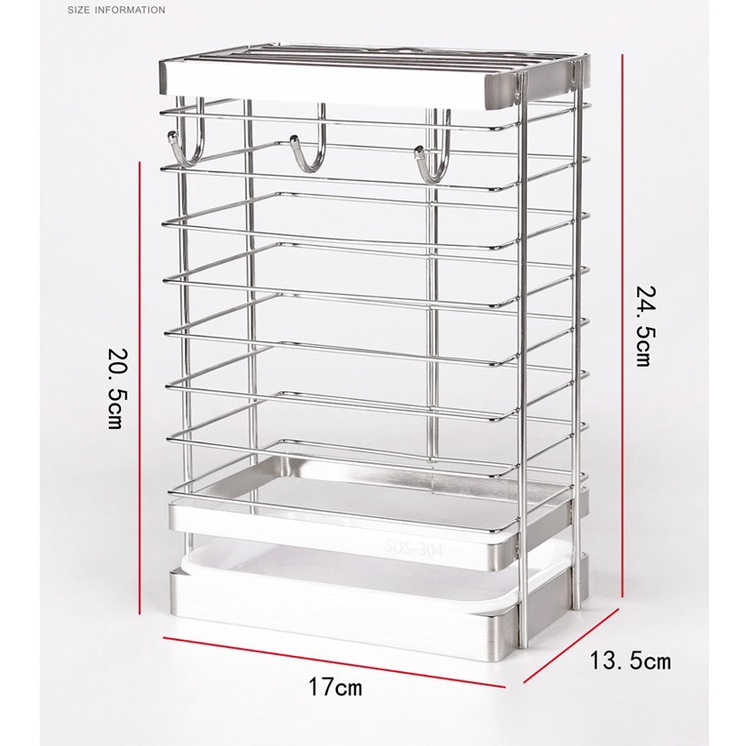 Kệ đựng dao kéo Inox 304 kèm 3 móc treo ,có khay hứng nước