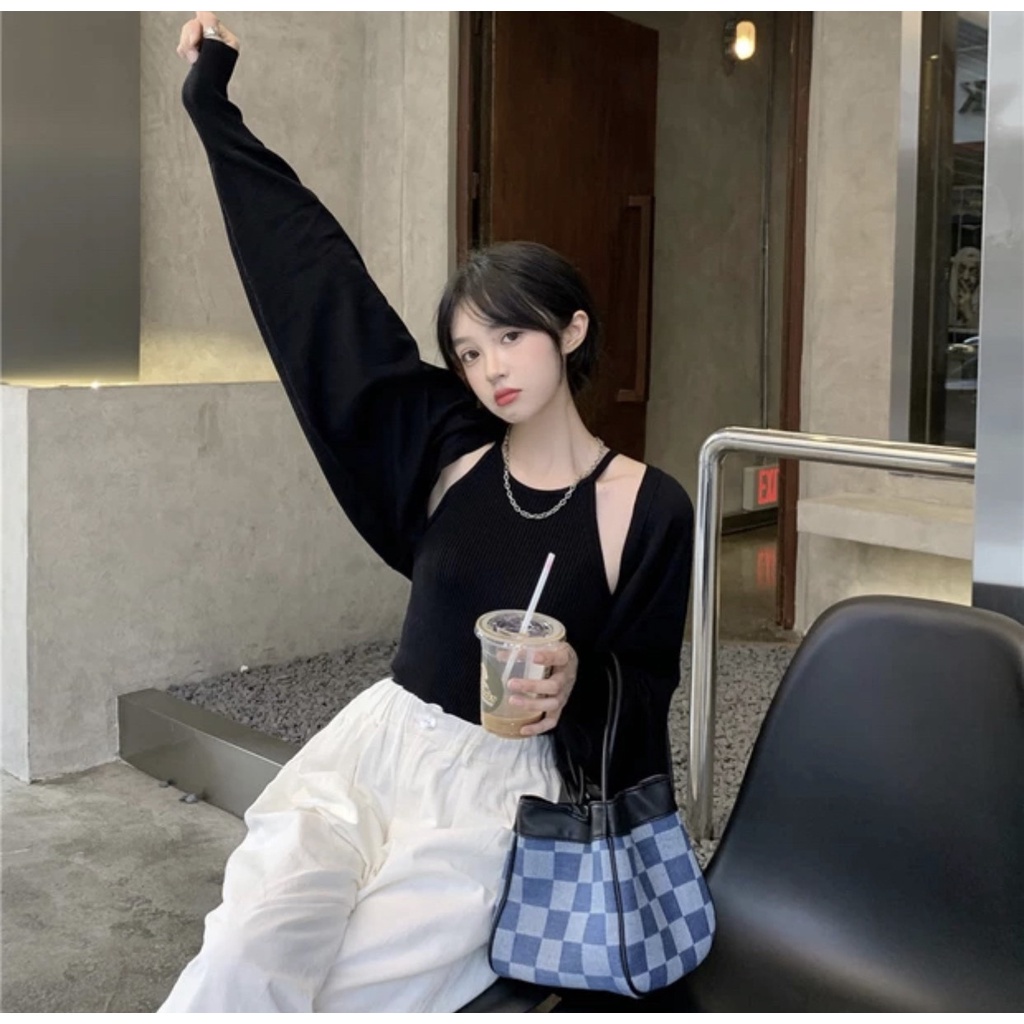 Set Cardigan Yếm 2 Dây Tay Bồng Sexy KOKOS Nữ [FREESHIP]🍁Áo khoác cardigan croptop, kèm áo 2 dây nữ tính Ulzzang 21075