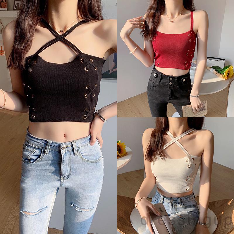 Áo Croptop Sát Nách Cổ Yếm Màu Trơn / Trắng / Đen / Đỏ Cho Nữ