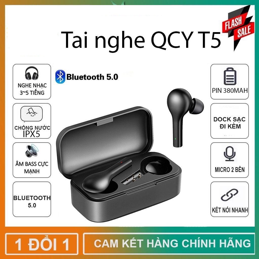 Tai Nghe Không Dây Bluetooth 5.0 True Wireless QCY-T5 - Dock Sạc 380mAH - Cảm Ứng - Đàm Thoại - Chống Ồn - Chống Nước