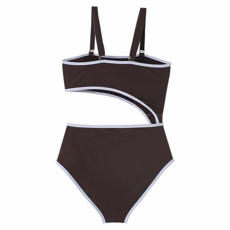 Bikini hotgirl cutout sexy 2 dây nâu tây kẻ viền trắng hè biển 2023 M06