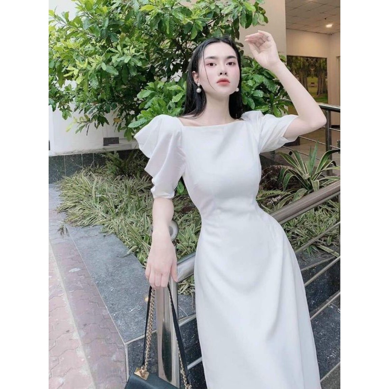 đầm midi trắng đũi lụa tay bồng cổ vuông