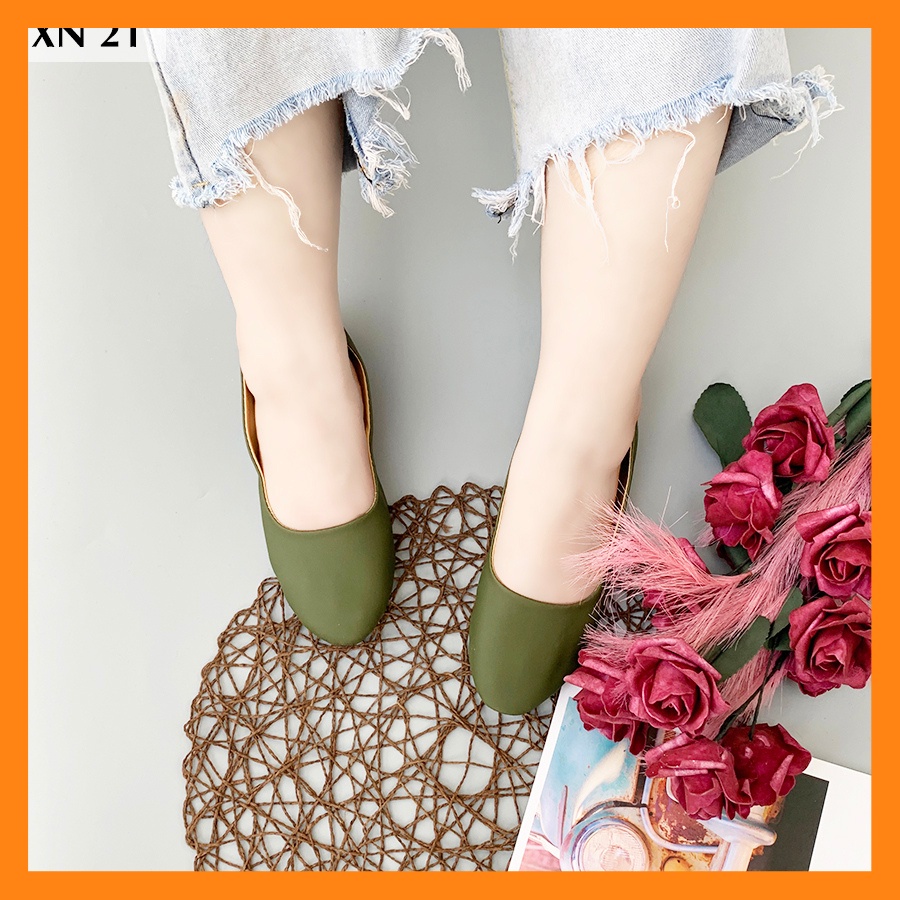 [Xả Kho] Giày nữ, Giày búp bê đế bệt trơn một màu - Giày Hoàng Thanh mã XN21 Rêu