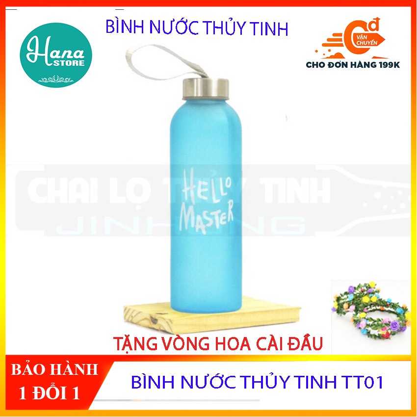 [XẢ KHO 3 NGÀY] Bình Nước TT01 Thủy Tinh 500ml Dây xách- HANASU- TẶNG VÒNG HOA CÀI ĐẦU CHO BÉ