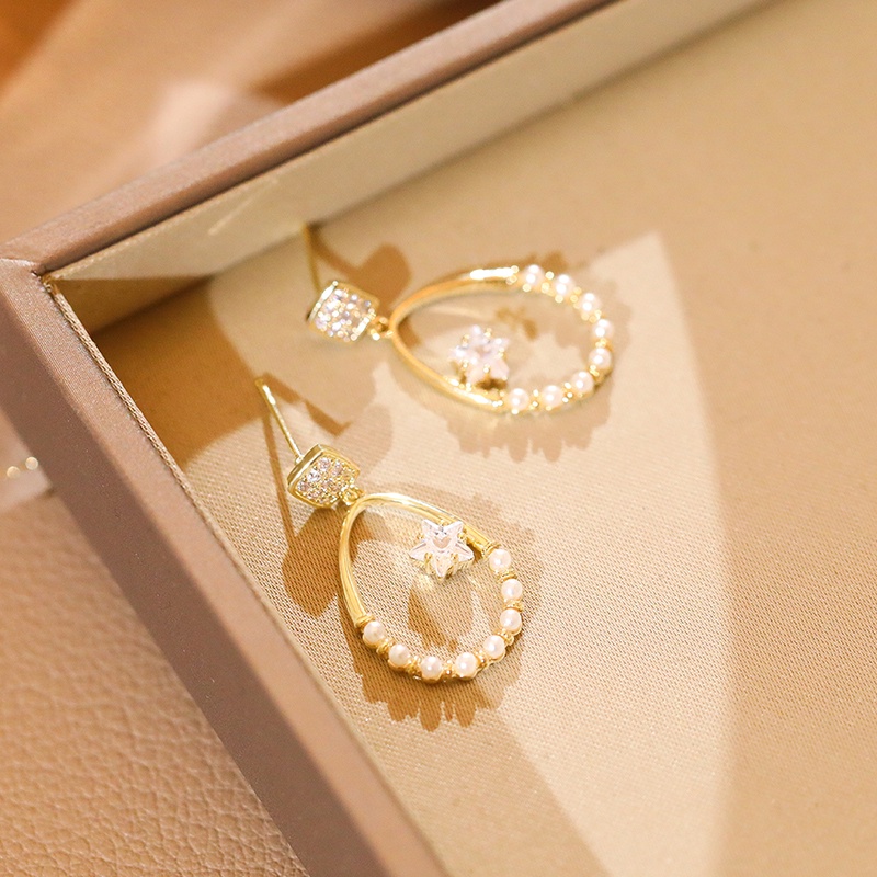 [Jiudolan] Bông Tai Đính Ngọc Trai Và Đá Zircon Hình Giọt Nước Năm Cánh Thời Trang Hàn Quốc Cho Nữ