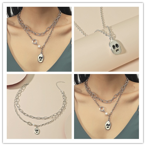 Vòng cổ Hai Lớp Mặt Hình Ma Màu Sắc Bạc Phong Cách Halloween Cho Nữ