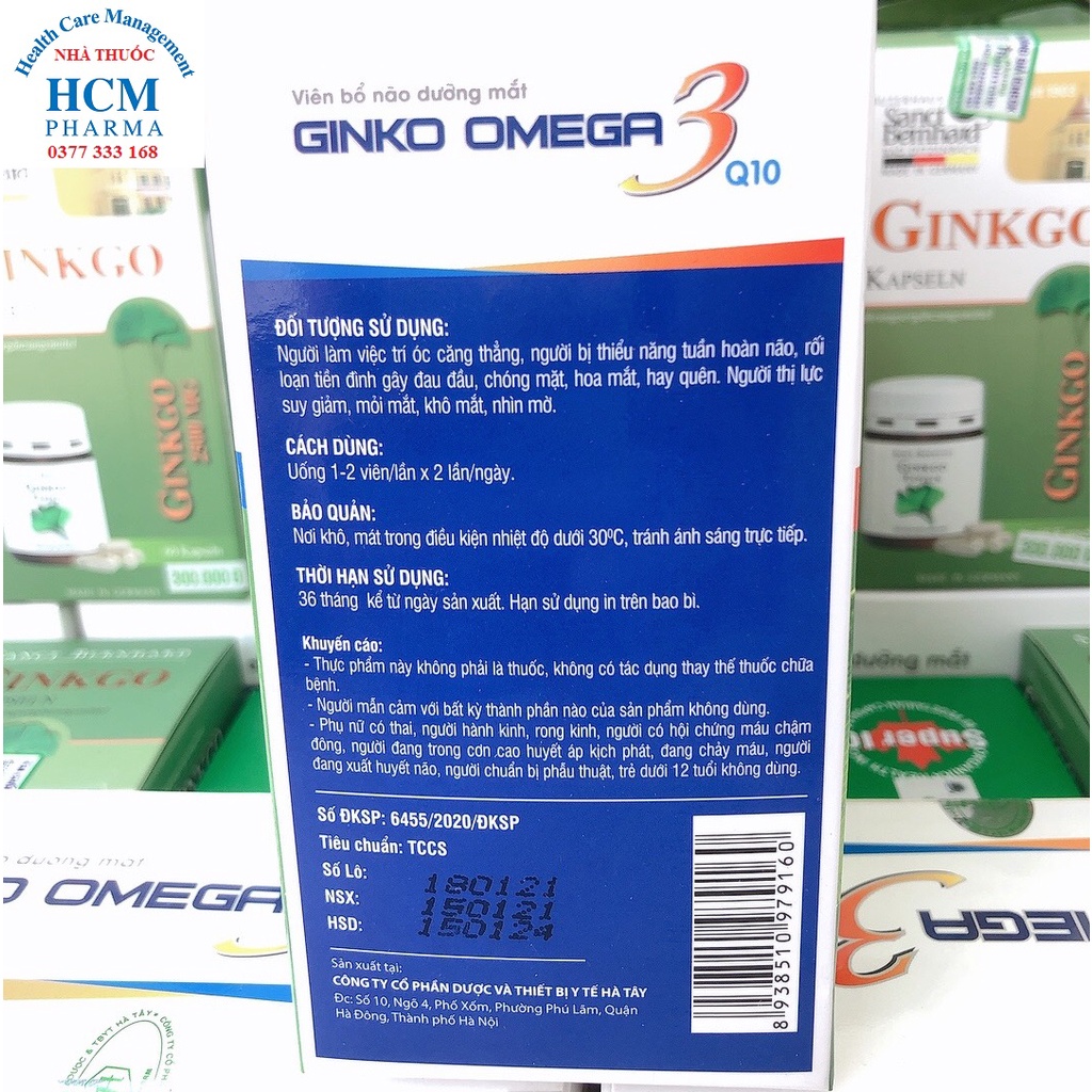 Bổ não ginkgo biloba chính hãng GINKO BILOBA OMEGA3 Q10 100 viên giúp sáng mắt tuần hoàn máu não tăng cường trí nhớ BPC3