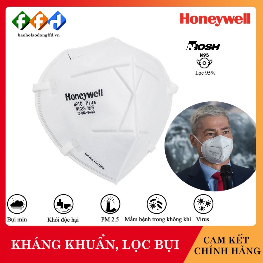 Khẩu trang N95 Honeywell H910 Plus Tiêu chuẩn NOISH Hoa Kỳ Kháng khuẩn-lọc bụi mịn,Bộ y tế khuyên dùng CHÍNH HÃNG(1 CÁI)