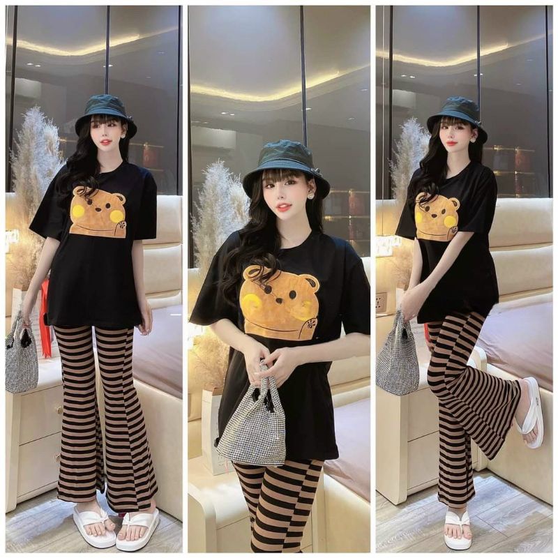SET BỘ THUN QUẦN DÀI ỐNG LOE ÁO LOGO GẤU CÓ ĐỦ SIZE 40-85KG