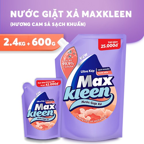 Combo Túi Nước Giặt Xả 2.4Kg + Túi Nước Giặt Xả 600g MaxKleen