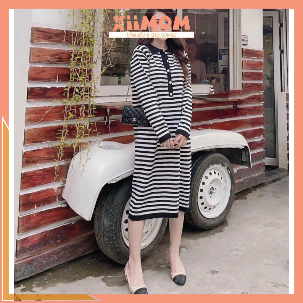 Váy bầu mùa đông - đầm bầu công sở chất zip kẻ dài tay cổ bẻ BN60 - Xiimom