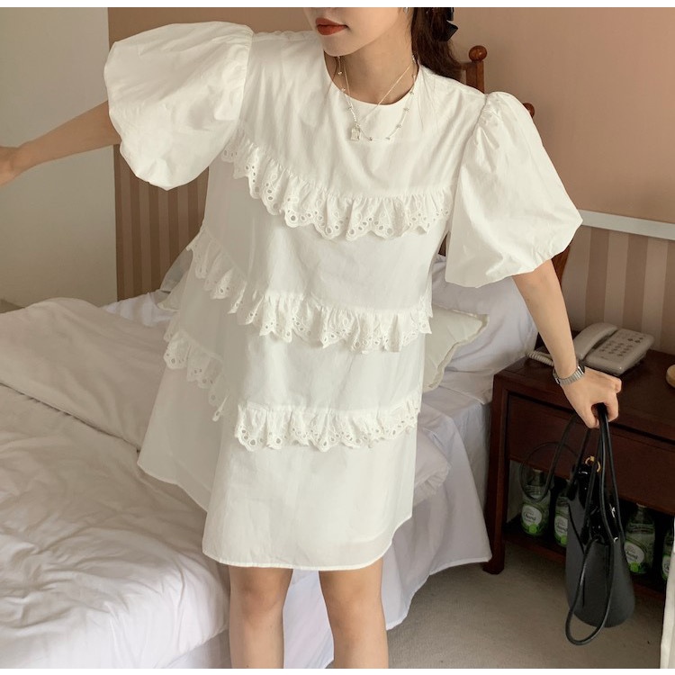 (HÀNG SẴN) Váy suông phối ren tầng xinh xắn - Váy trắng trên gối Hàn Quốc freesize