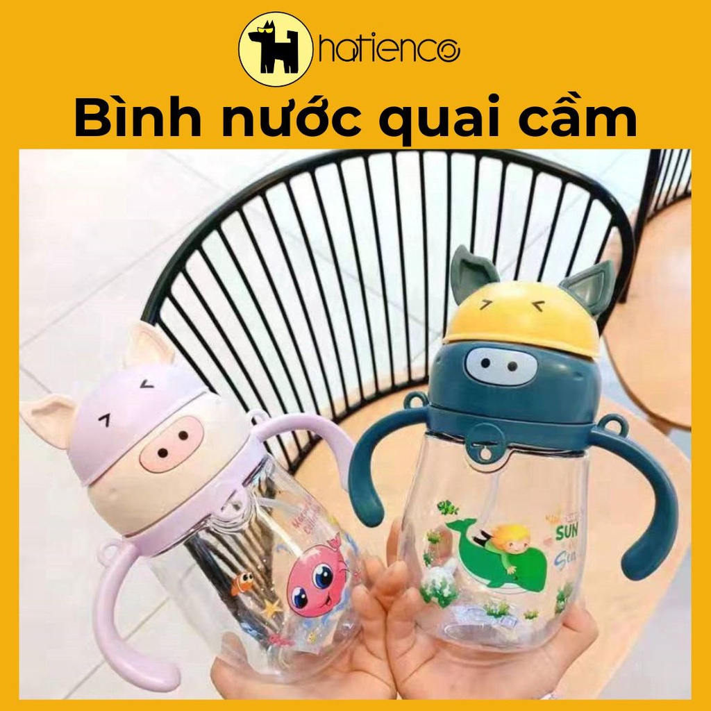 Bình nước nhựa học sinh, bình nước cho bé đi học có ống hút, có tay cầm hình heo dễ thương