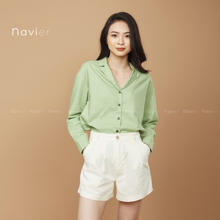 ÁO KIỂU NỮ TAY DÀI PIJAMA CỔ VEST CÔNG SỞ VẢI ĐŨI - LINEN SHIRT SM03 NAVIER