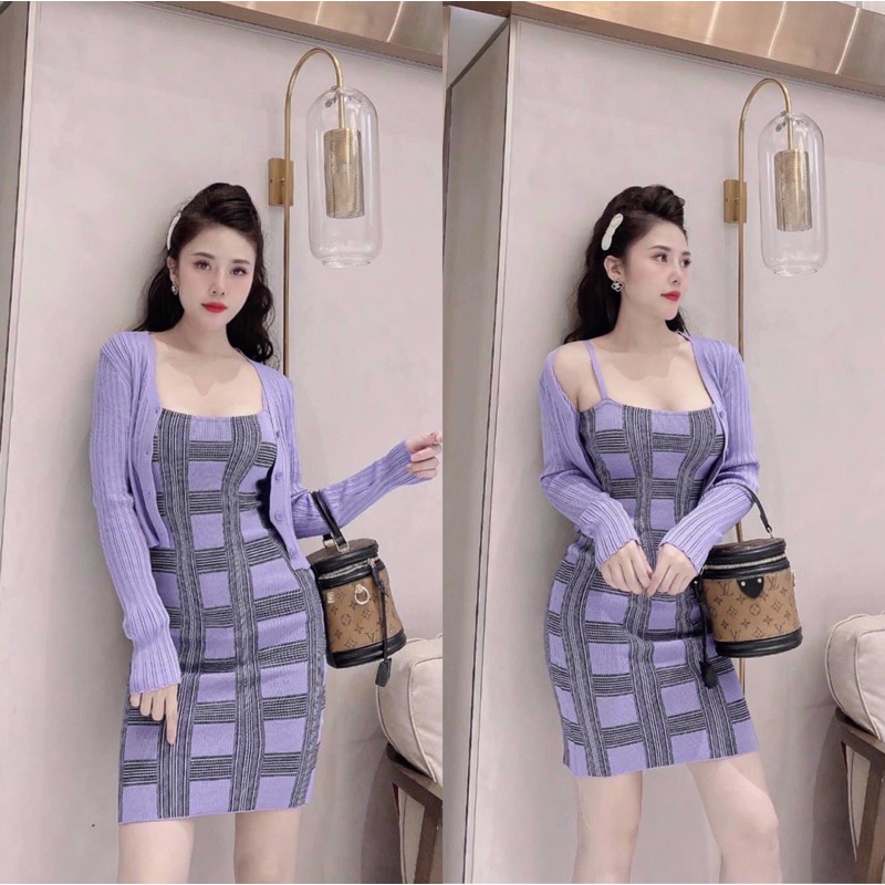 [MUA 1 ĐƯỢC 2] Set Trang Phục Nữ Cadigan Len Phối Váy Dây Kẻ Body_Phong Cách Hàn Quốc | BigBuy360 - bigbuy360.vn