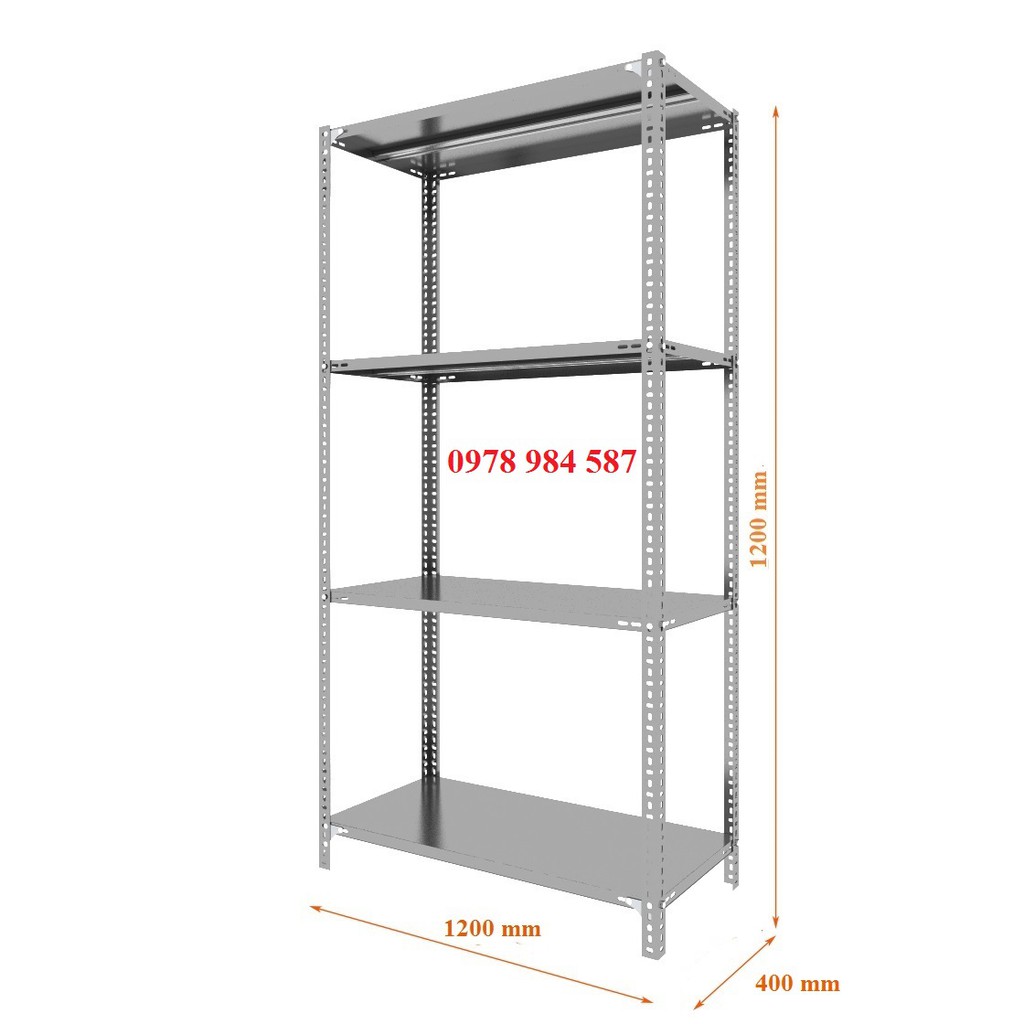 Bộ kệ sắt v lỗ đa năng . Kích thước : Dài 120cm, Rộng 40cm, Cao 120cm gồm 4 tầng. cột V3x5