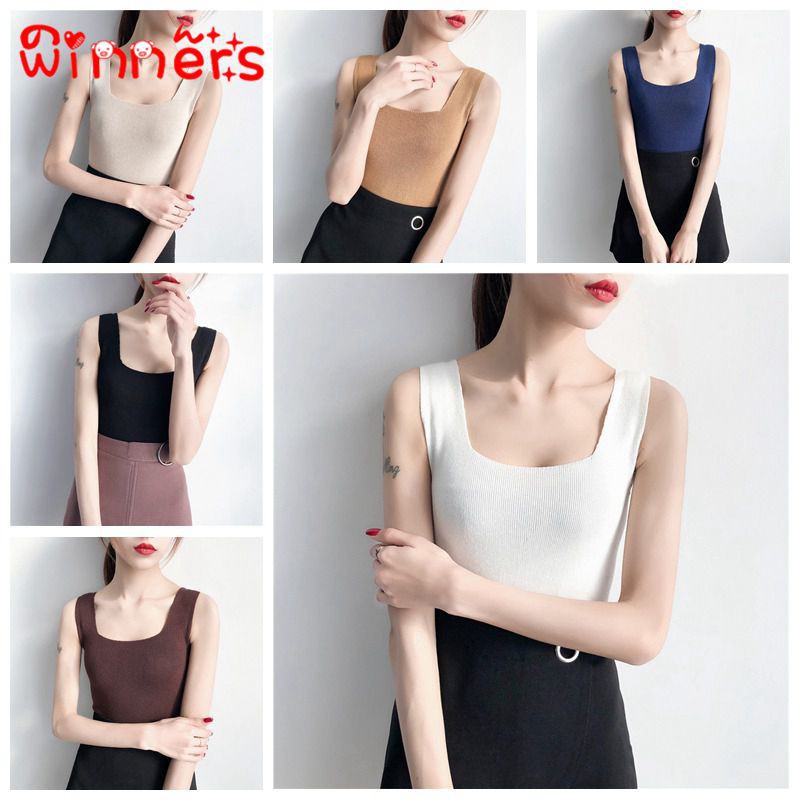 Áo sát nách dệt kim cổ chữ U không tay màu trơn dành cho nữ