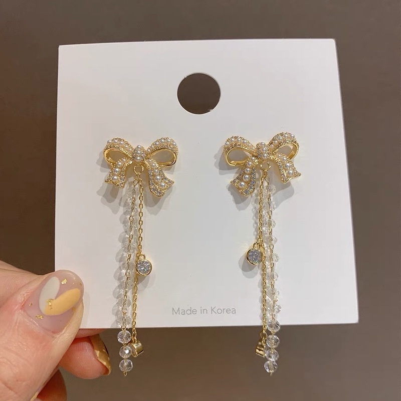 Bông tai mạ bạc 925 hình nơ đính ngọc trai nhân tạo phong cách Hàn Quốc