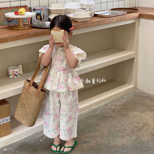 Bộ Áo Tay Phồng Ngắn Phối Quần Ống Rộng In Hoa Kiểu Hàn Quốc Thời Trang Mùa Hè Mới Cho Bé Gái