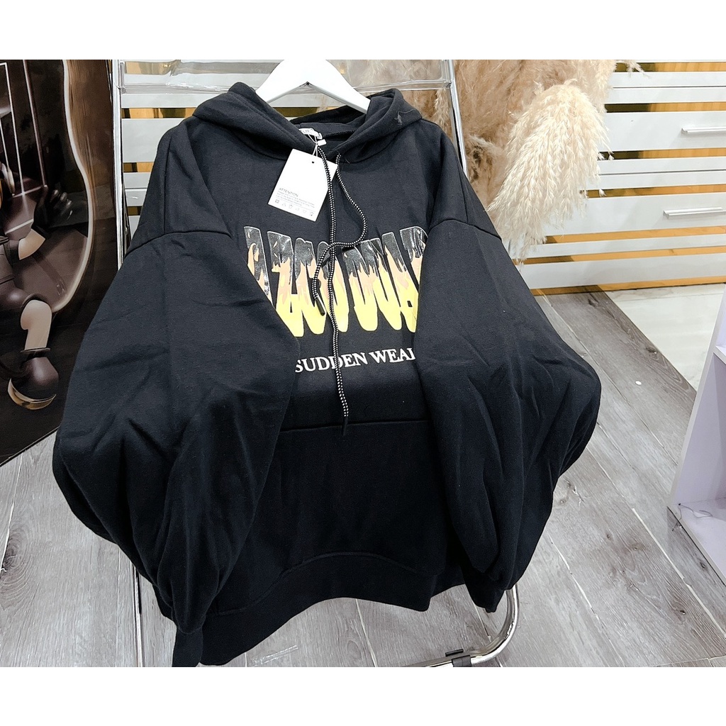 Hoodier Mũ Rộng Nam Nữ Hình Lửa Unisex Form To Tay Bồng Kéo Dây Sweater Khoác Chất Nỉ