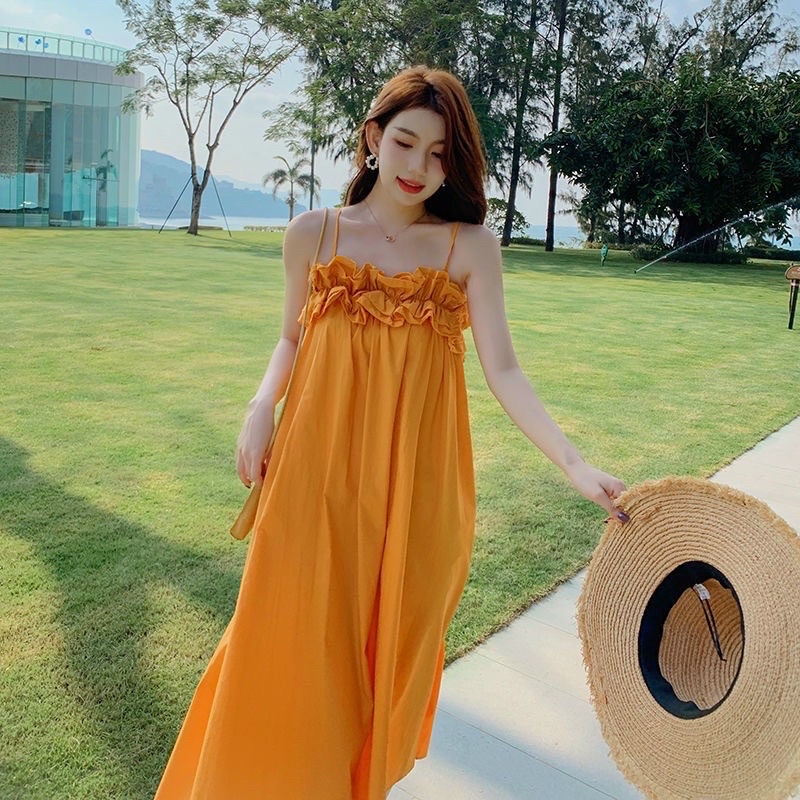 Đầm maxi 2 dây dáng dài,Váy đi biển màu cam bèo ngực chất thô