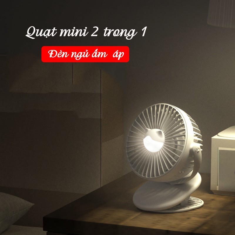 Quạt mini 2020 [Tích hợp đèn ngủ] Quạt tích điện❤FREESHIP ❤ góc xoay 720 độ, kẹp đa năng tiện dụng, Bảo hành 06 tháng