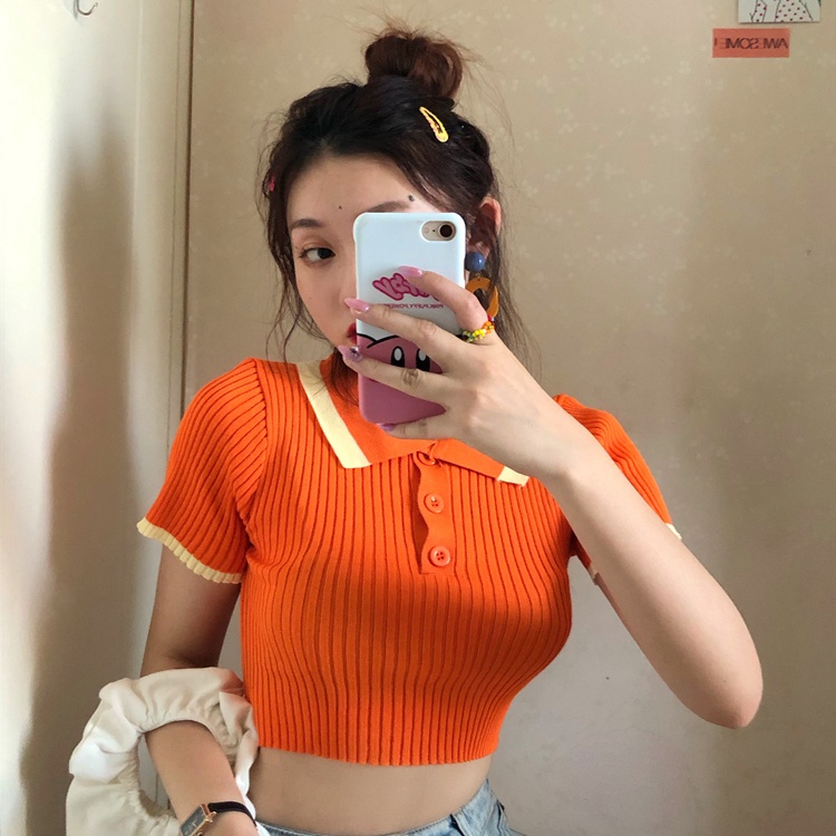 Áo croptop dệt kim tay ngắn cổ polo phối màu sắc đơn giản dễ phối đồ | BigBuy360 - bigbuy360.vn