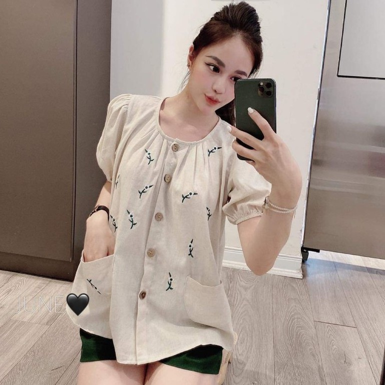 Set Babydoll Áo Hoa Nhí Cổ Tròn Cúc Dọc Túi Trước Xinh Xắn Mix Quần Sooc Xanh