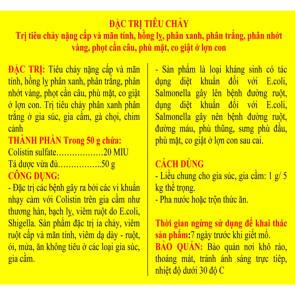 1 gói Colistin sulfate 100g sản phẩm chuyên dùng cho gia súc, gia cầm, trâu, bò, lợn, gà, chó, mèo, thỏ