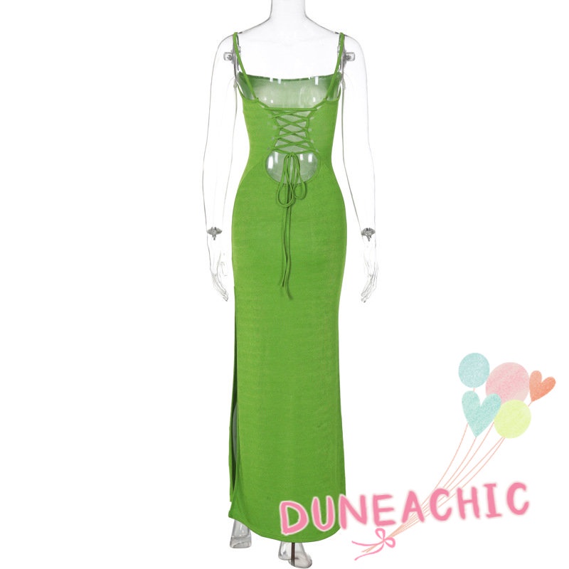 DUNEA Đầm hai dây dáng dài xẻ tà hở lưng màu trơn thời trang cho nữ
