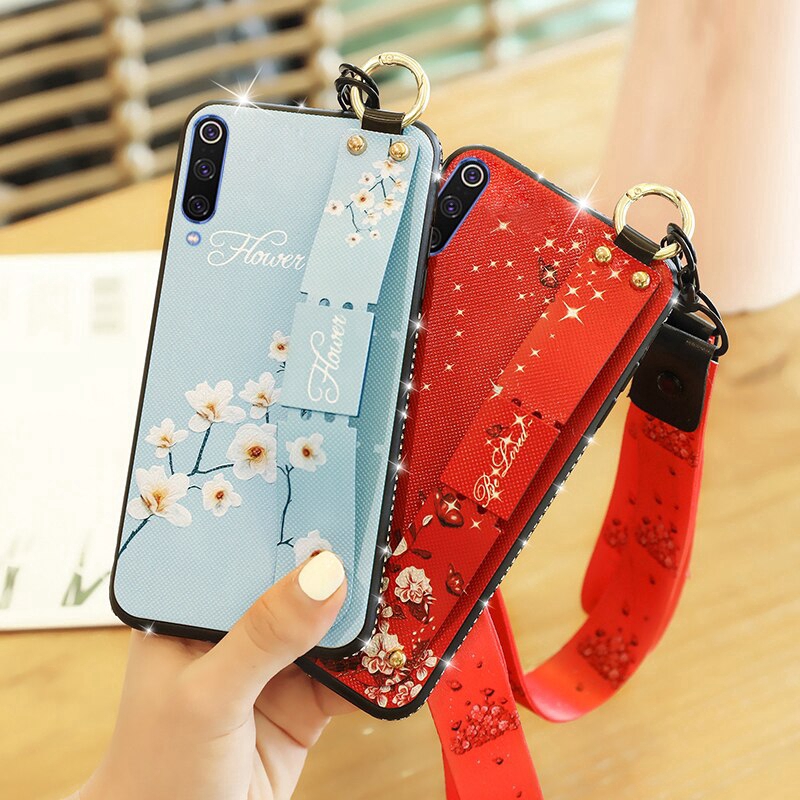 Soft Diamond Lanyard Flower Wristband Phone Case for Xiaomi Redmi Note 8 Pro 8T 7 5 K20 K30 Pro Mi 10 Pro Note 10 9T Pocophone X2 back Cover