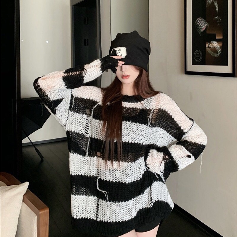 G39. 12. ÁO SWEATER LEN LƯỚI KẺ SỌC PHONG CÁCH CÁ TÍNH
